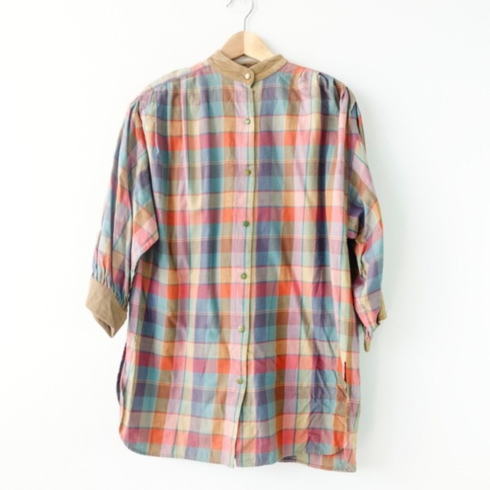 Vintage Grandad Collar Tunic Shirt M 8 Retro Boho Multicolor Tartan BETTY HANSON